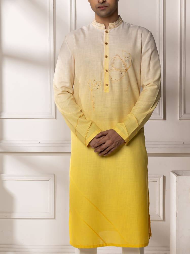 Yellow Cream Ombre Embroidered Kurta Set