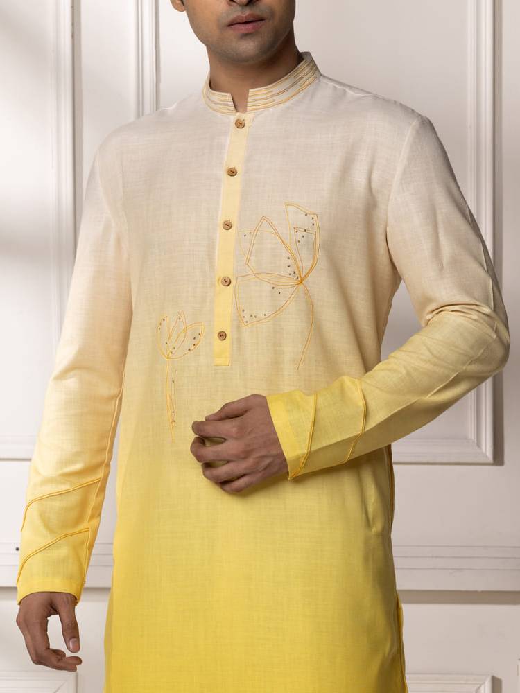 Yellow Cream Ombre Embroidered Kurta Set
