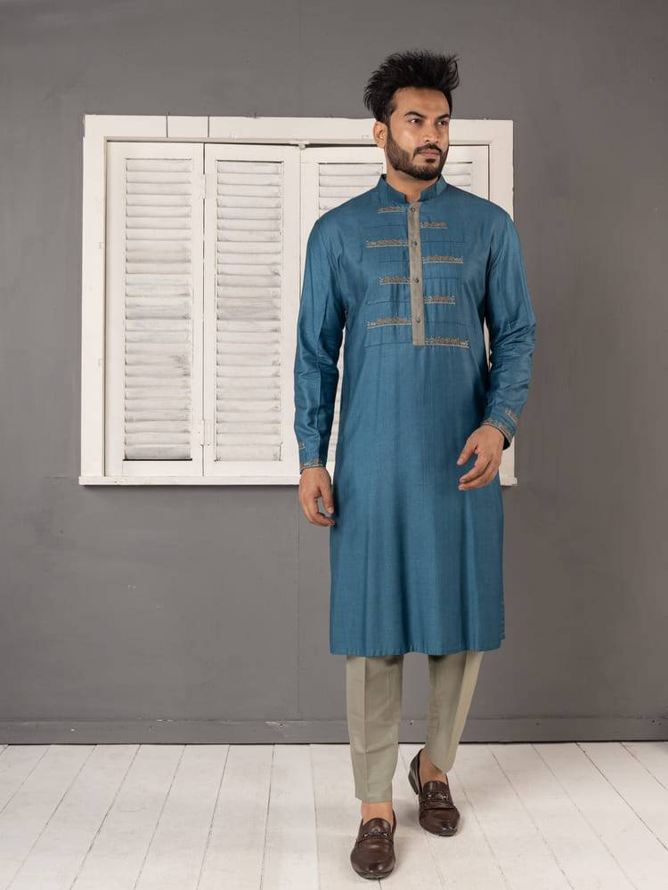 Blue Pintucks And Embroidered Kurta Set