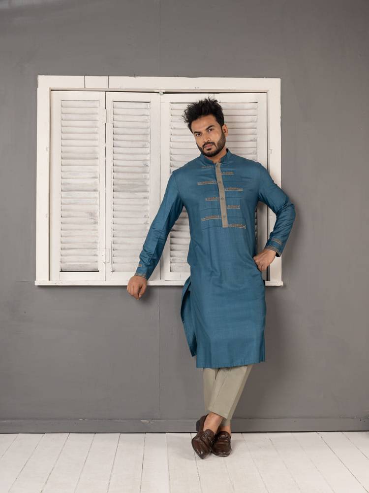 Blue Pintucks And Embroidered Kurta Set
