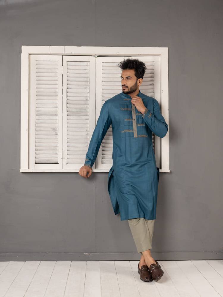 Blue Pintucks And Embroidered Kurta Set