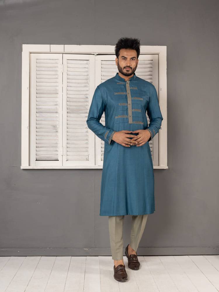Blue Pintucks And Embroidered Kurta Set