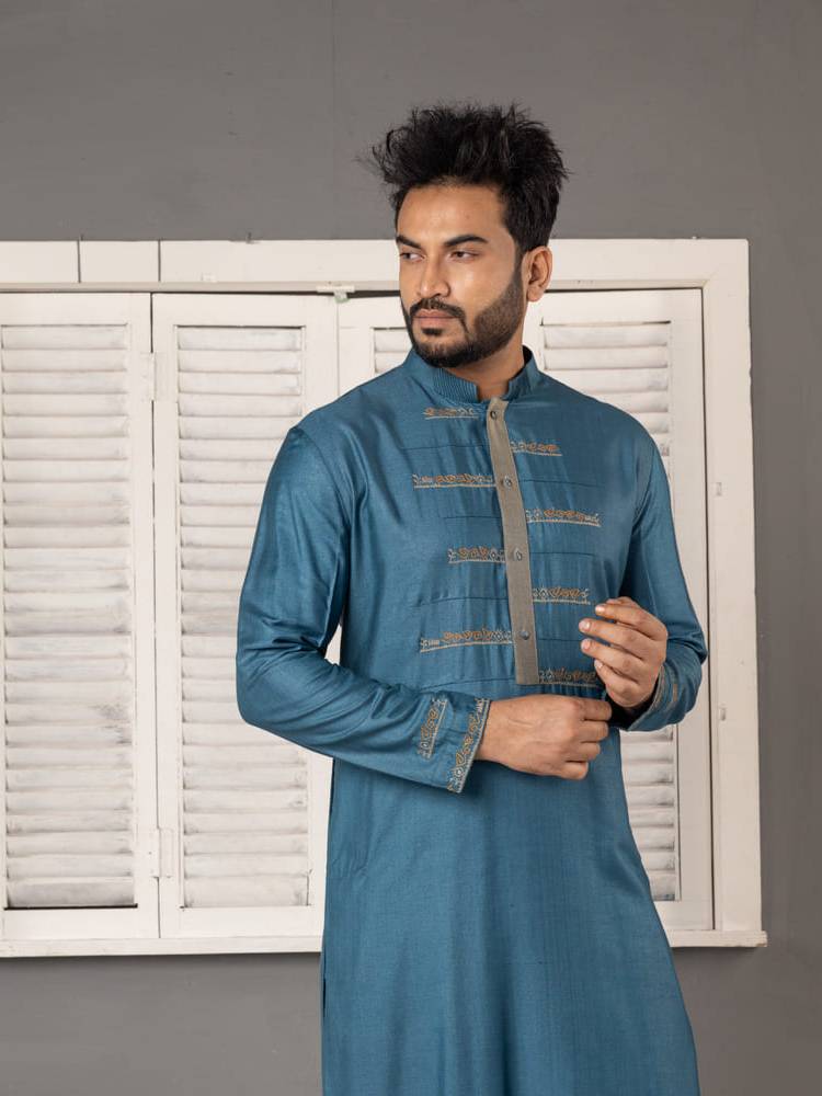Blue Pintucks And Embroidered Kurta Set