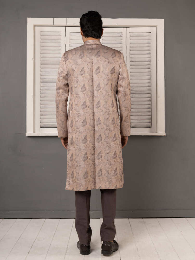 Beige Jacquard Sherwani Set Dark Trousers