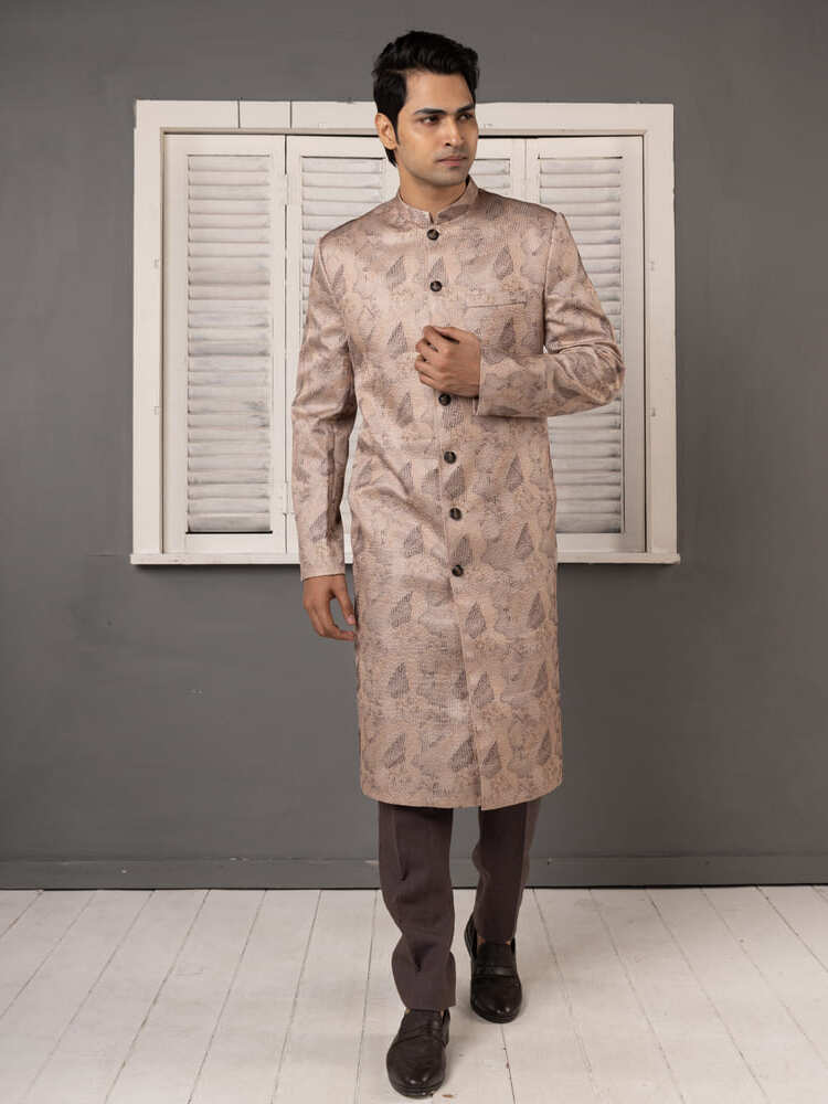 Beige Jacquard Sherwani Set Dark Trousers