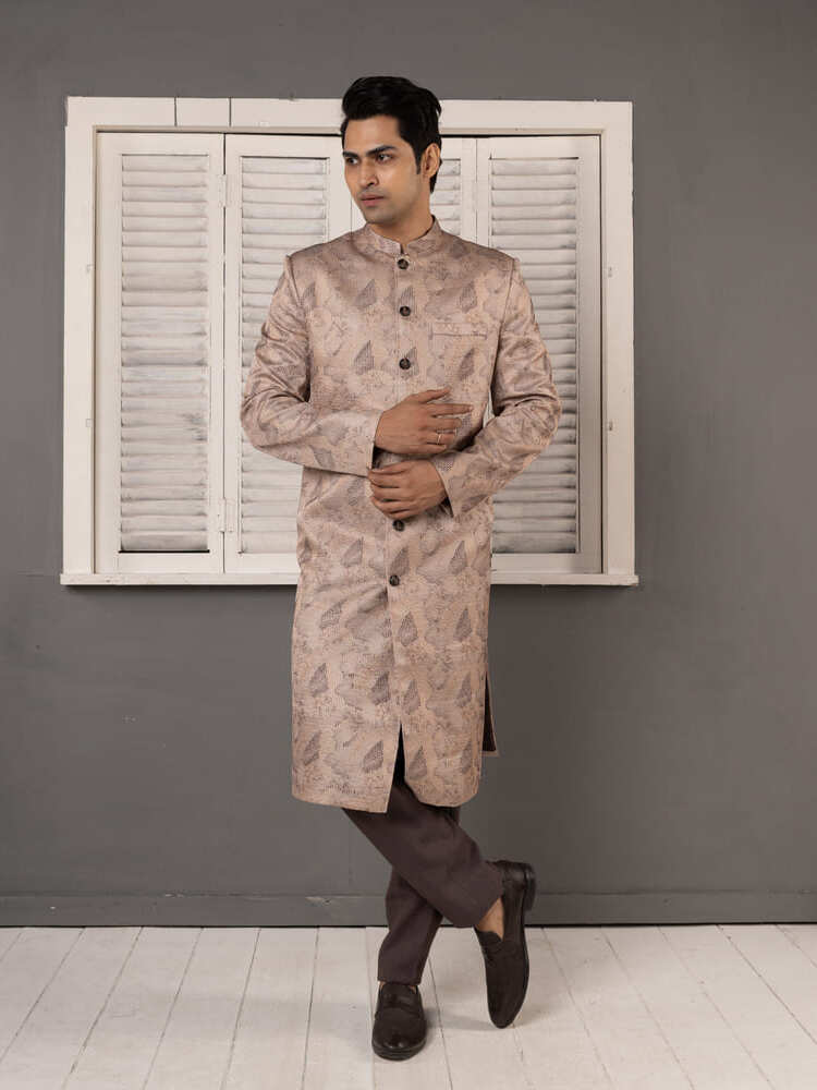 Beige Jacquard Sherwani Set Dark Trousers