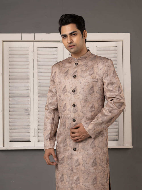 Beige Jacquard Sherwani Set Dark Trousers