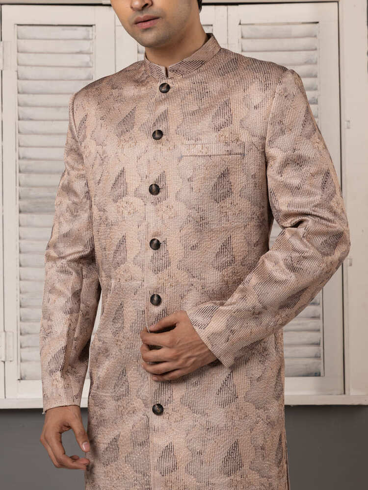 Beige Jacquard Sherwani Set Dark Trousers