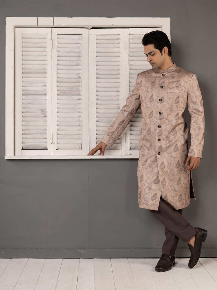 Beige Jacquard Sherwani Set Dark Trousers