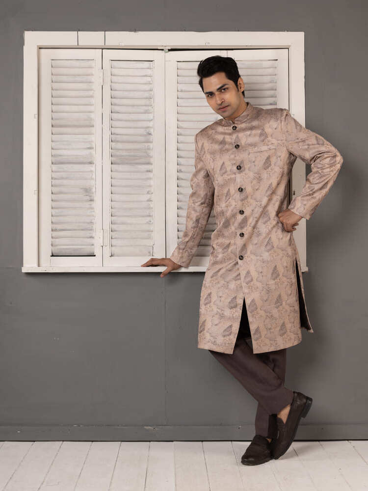 Beige Jacquard Sherwani Set Dark Trousers