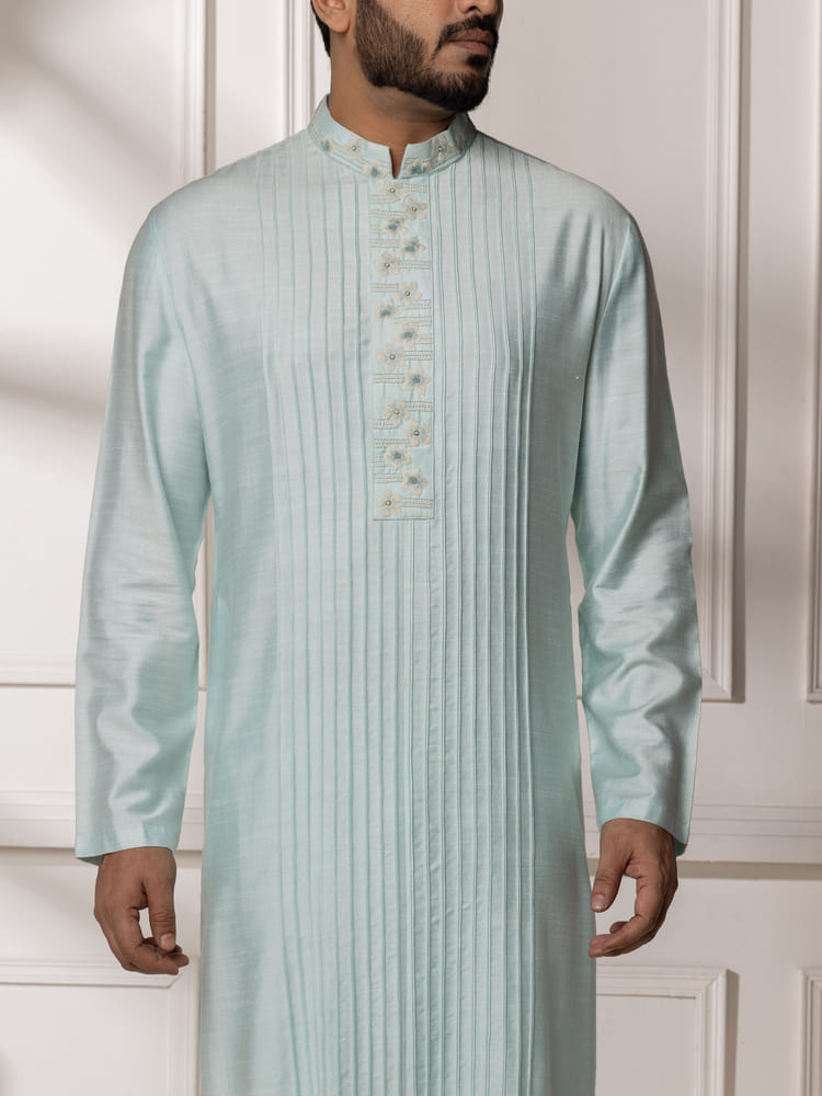 Aqua Hand Embroidered With Pintucks Kurta Set