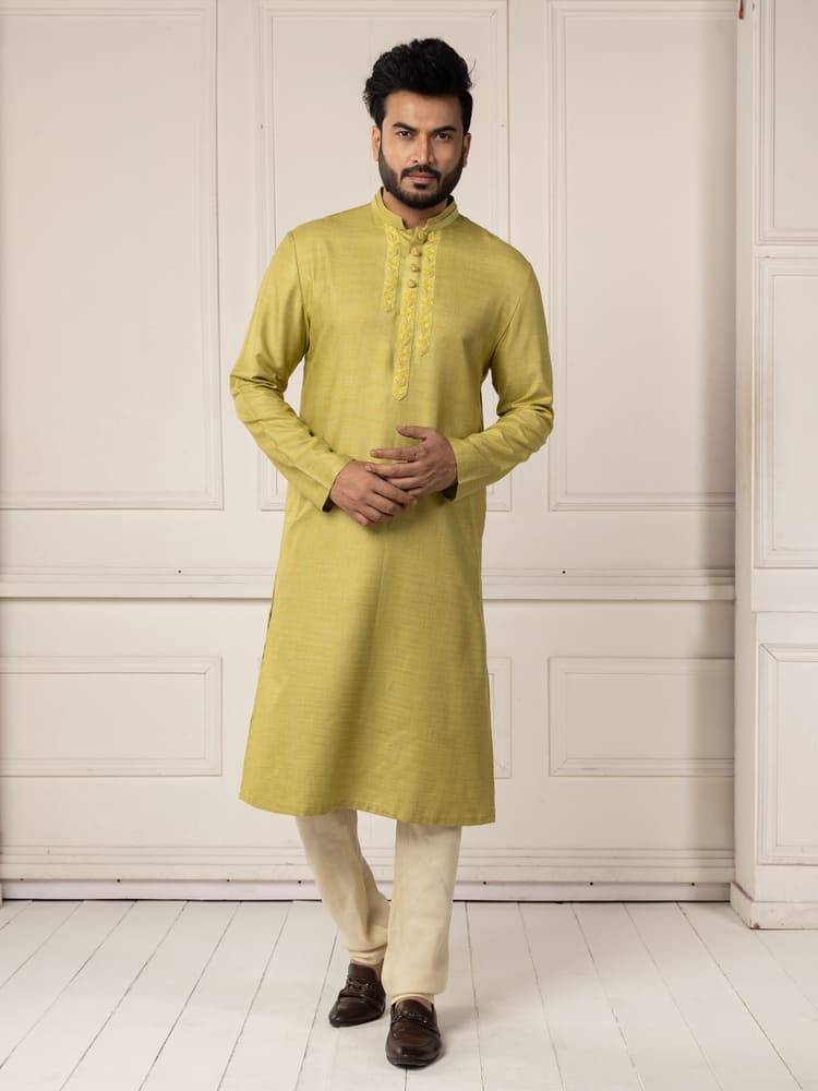 Green self-fabric embroidered Kurta Set