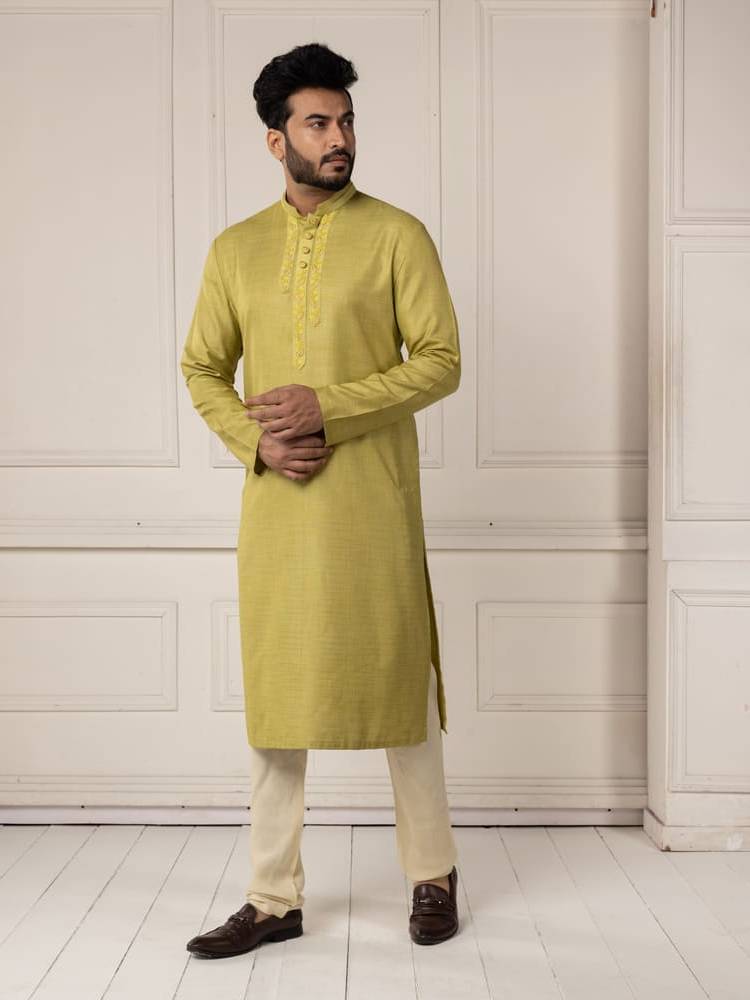 Green self-fabric embroidered Kurta Set