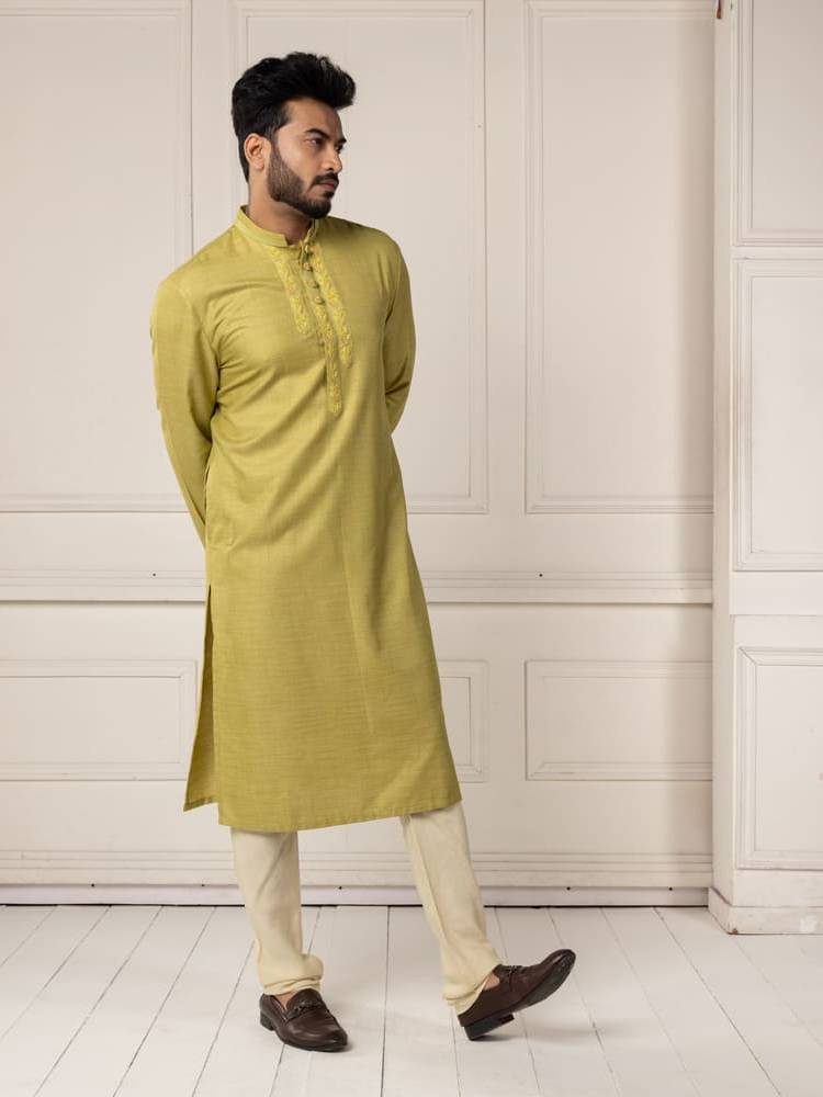Green self-fabric embroidered Kurta Set