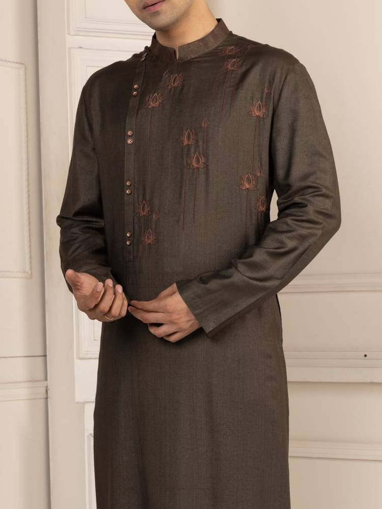 Charcoal Colour Lotus Motif Painting Kurta Set