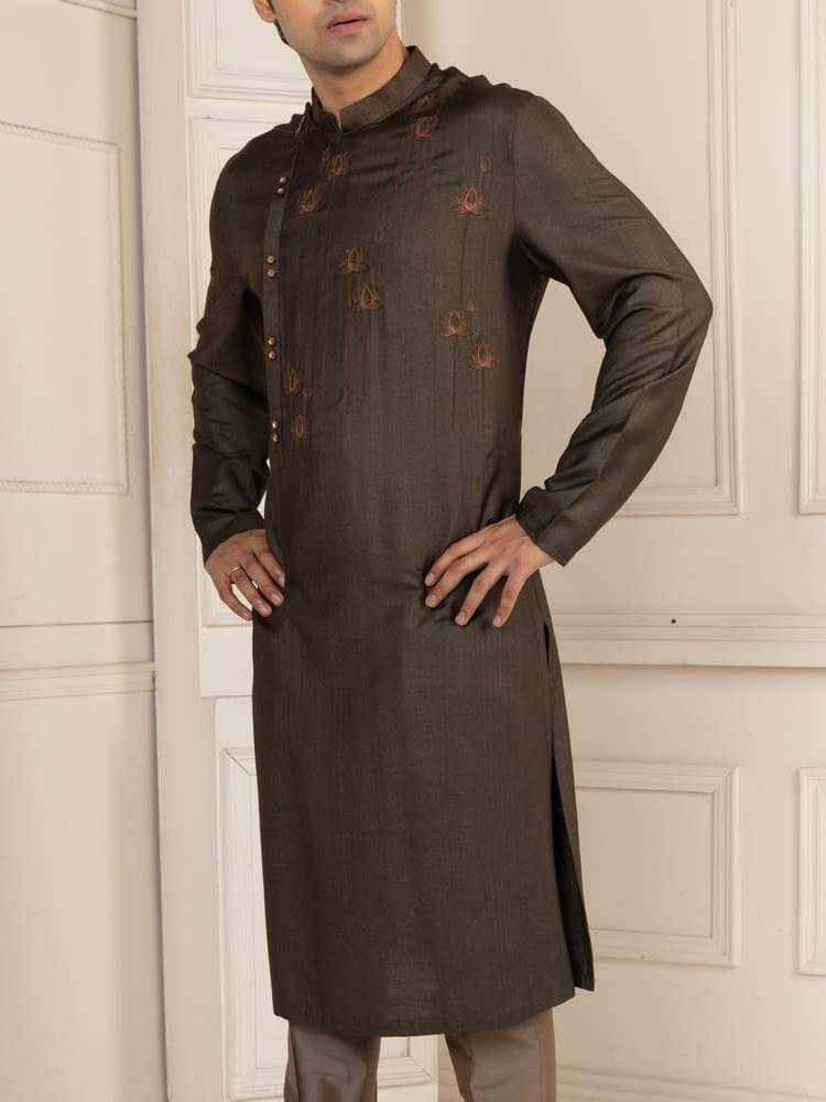 Charcoal Colour Lotus Motif Painting Kurta Set