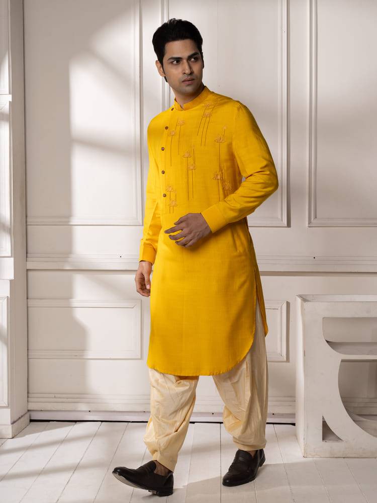 Golden yellow hand painted Pathani Set