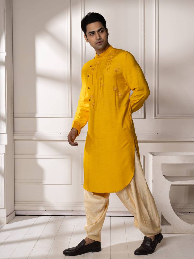 Golden yellow hand painted Pathani Set