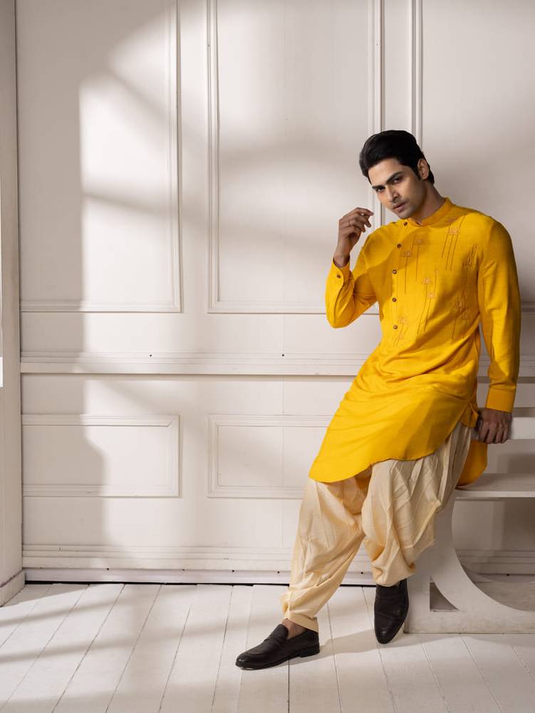 Golden yellow hand painted Pathani Set