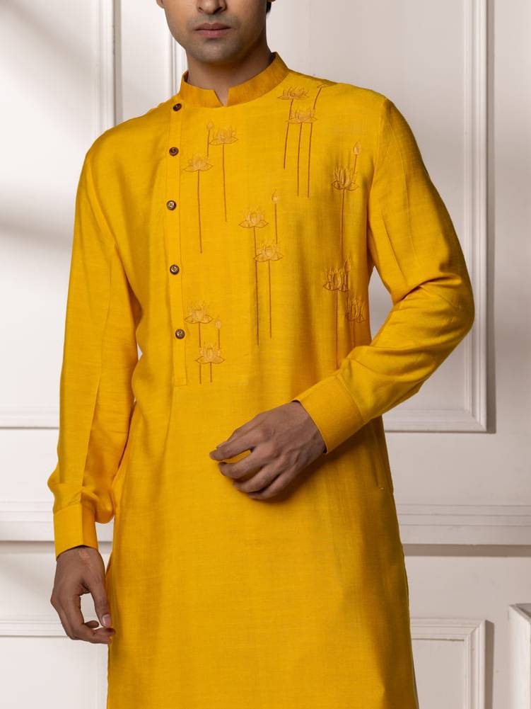 Golden yellow hand painted Pathani Set