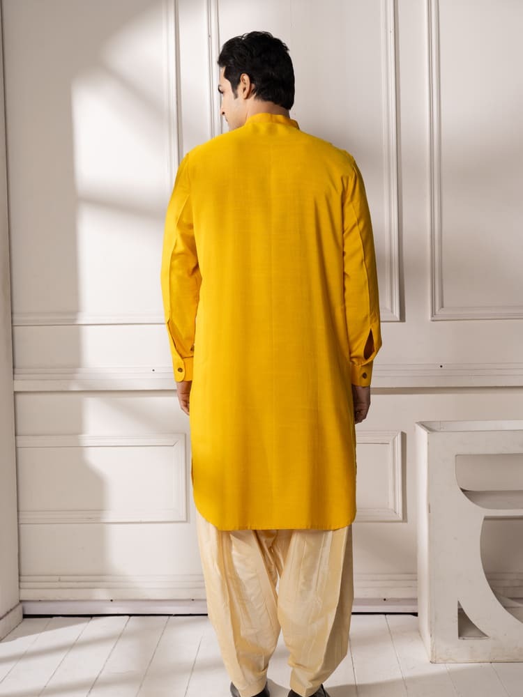 Golden yellow hand painted Pathani Set