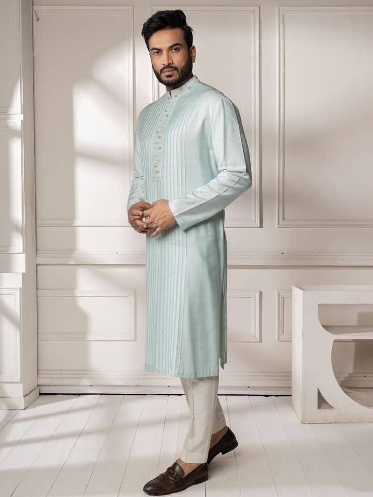 Aqua Hand Embroidered With Pintucks Kurta Set