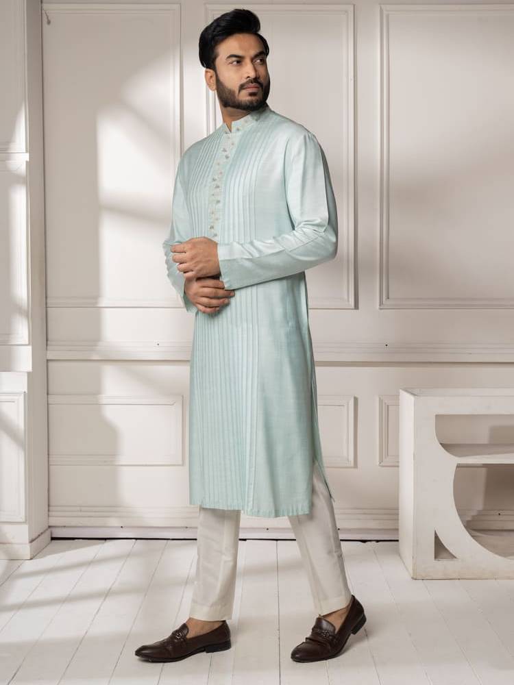 Aqua Hand Embroidered With Pintucks Kurta Set