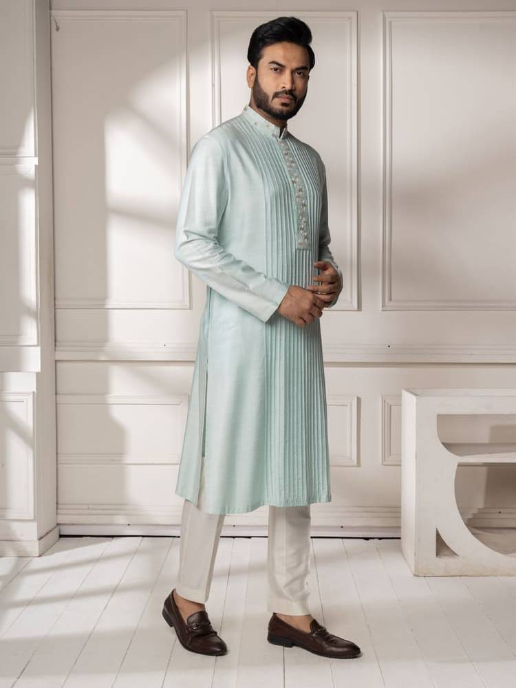 Aqua Hand Embroidered With Pintucks Kurta Set