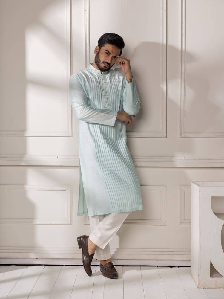 Aqua Hand Embroidered With Pintucks Kurta Set