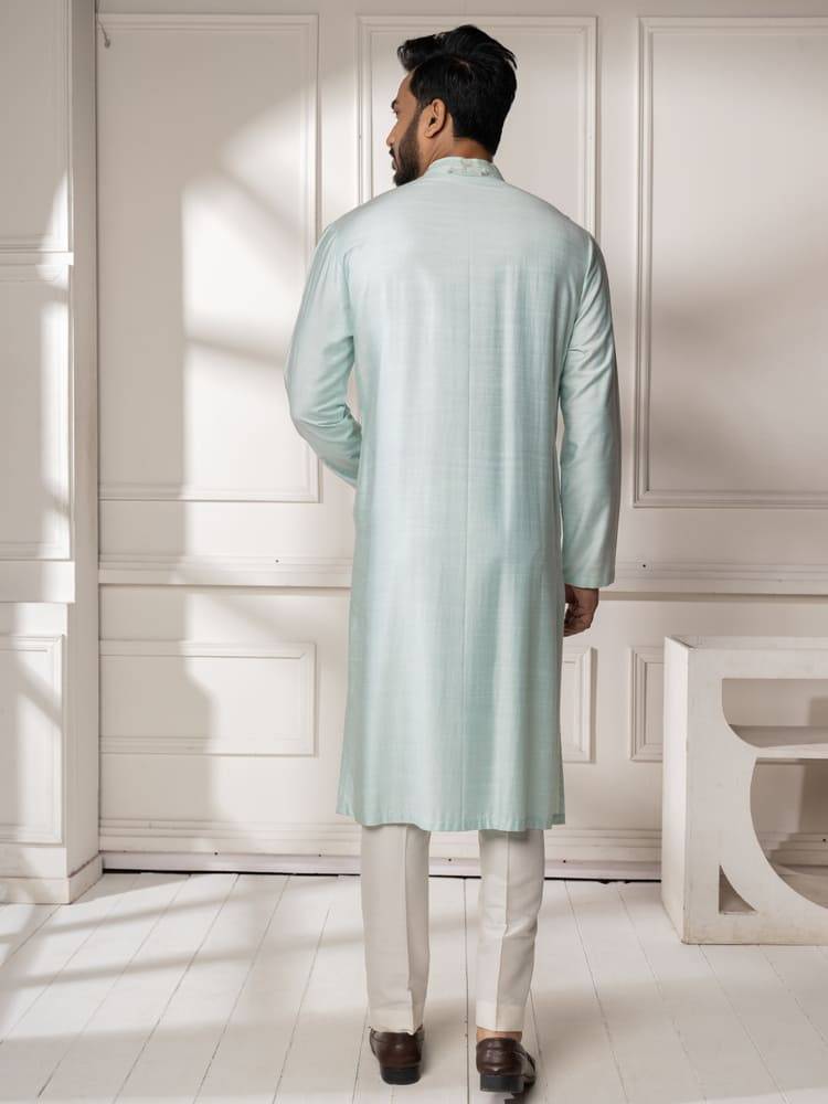 Aqua Hand Embroidered With Pintucks Kurta Set