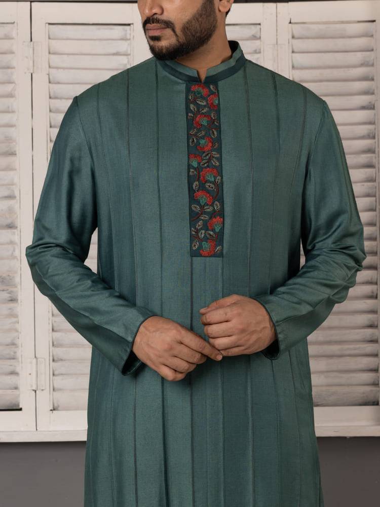 Teal hand Embroidered Kurta Set