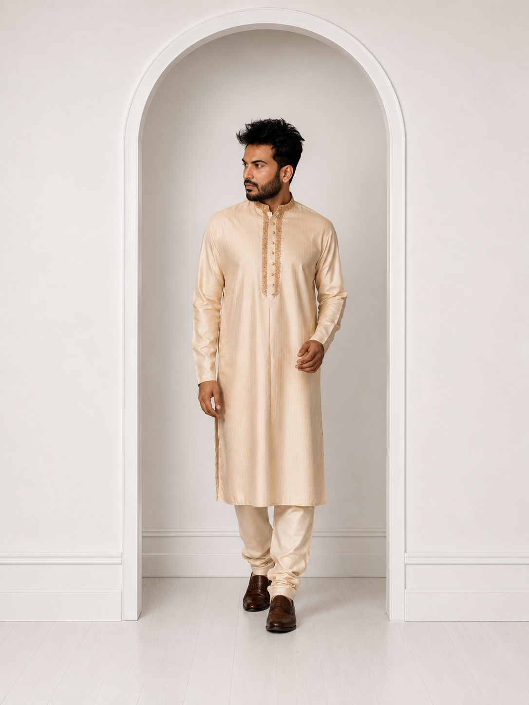 Beige Moonga Kashmiri Work Kurta Paired With Pants