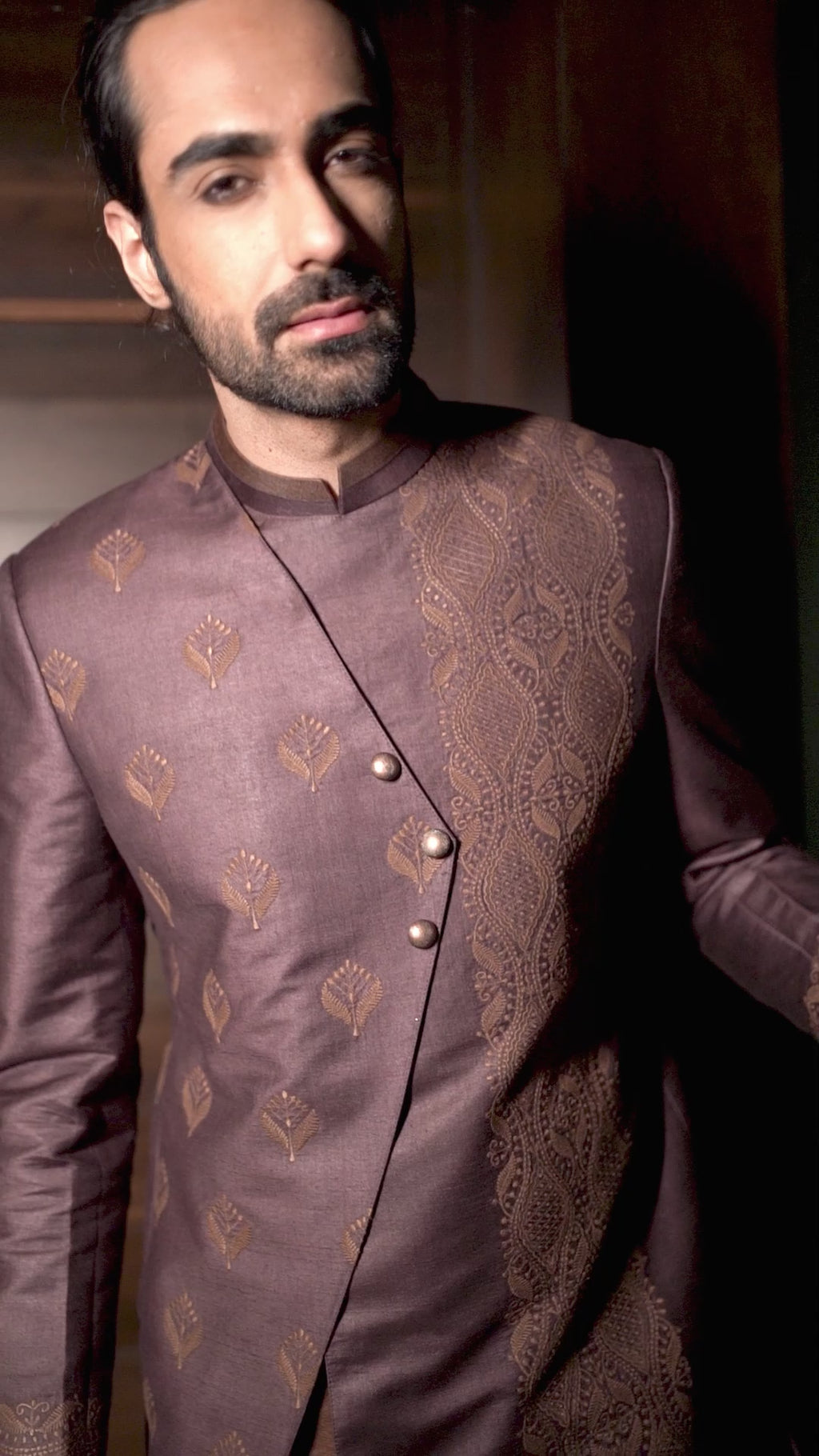 Wine Embroidered Achkan Set